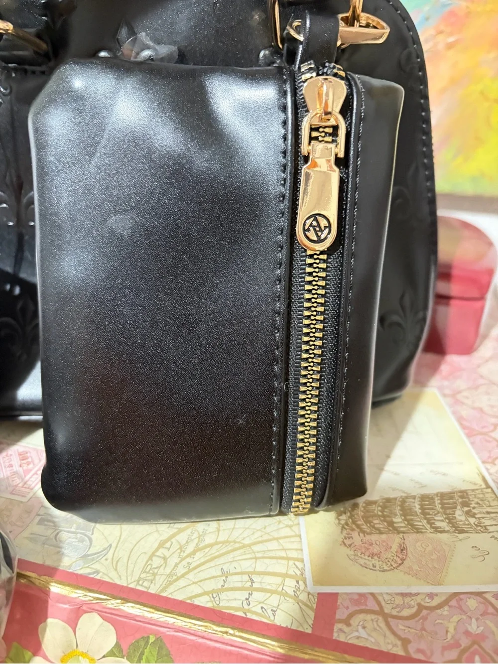 Adrienne Vittadini Black Embossed Faux Leather Dome Satchel